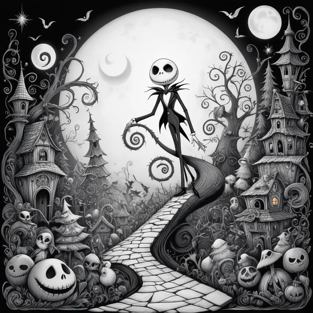 Black and white drawing of Jack Skellington in a nighttime landscape