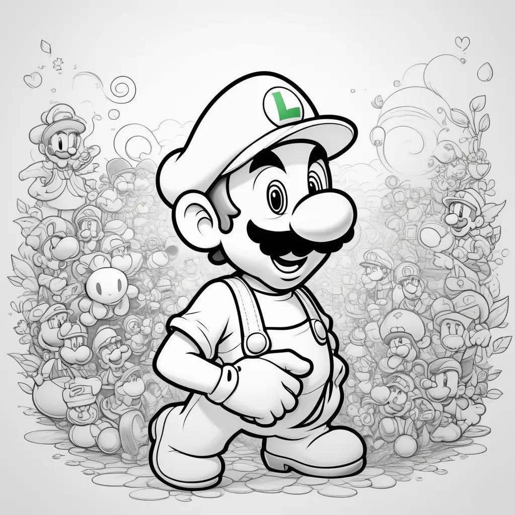 Black and white drawing of Luigi with a crowd of people