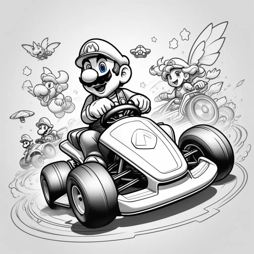 Black and white drawing of Mario Kart color pages