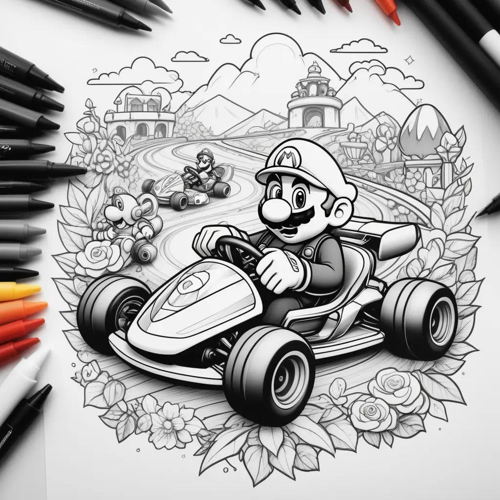 Black and white drawing of Mario Kart featuring a variety of cars and obstacles