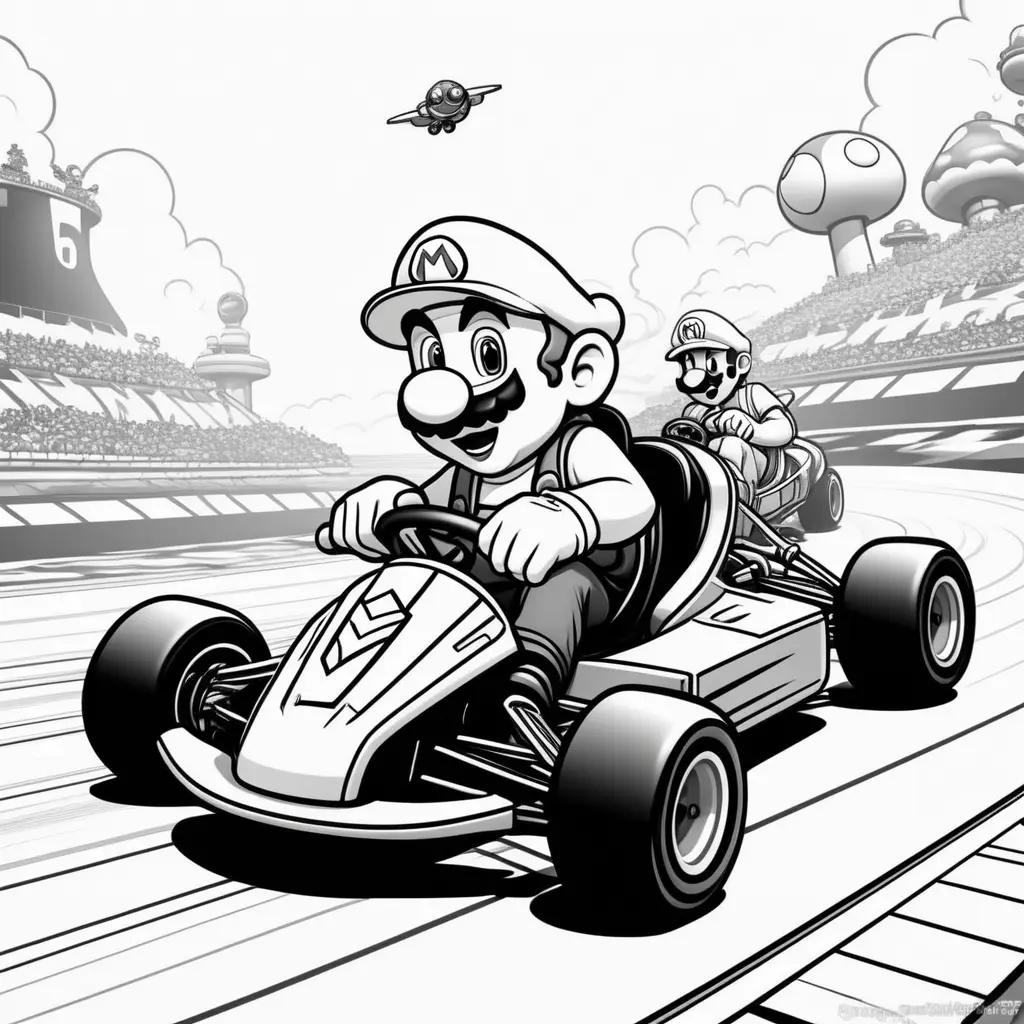 Black and white drawing of Mario Kart with cartoon characters