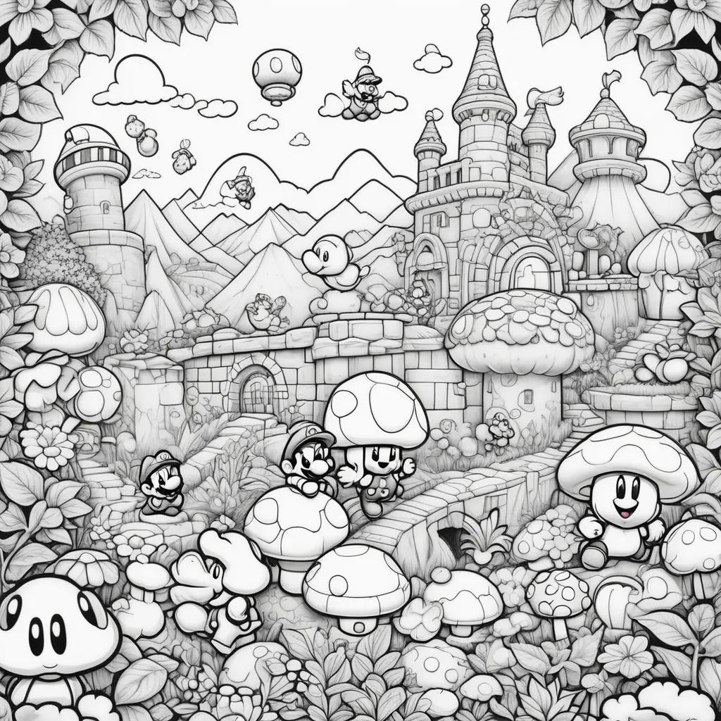 Black and white drawing of Mario and his friends