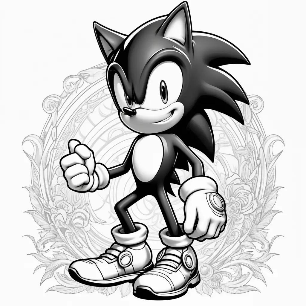 Black and white drawing of Sonic the Hedgehog