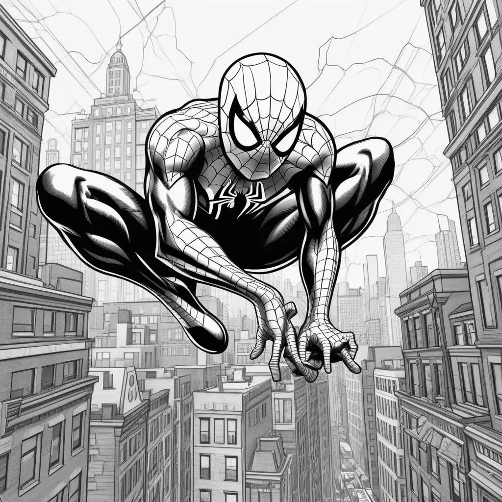 Black and white drawing of Spiderman in a cityscape