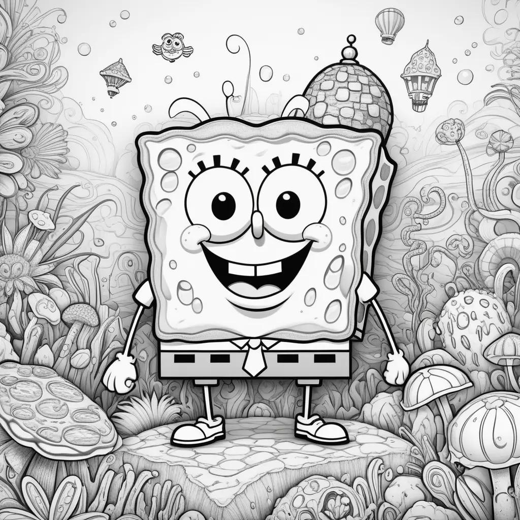 Black and white drawing of Spongebob with a colorful background