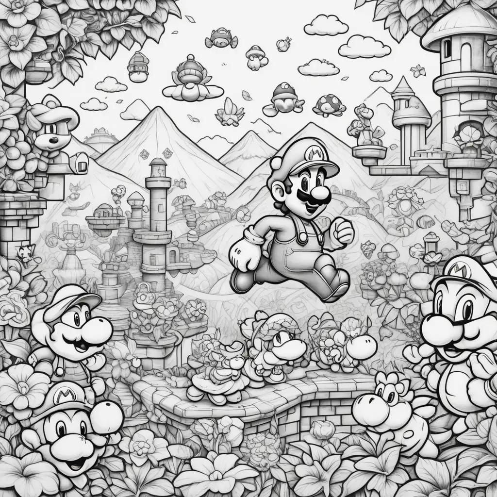 Black and white drawing of Super Mario Bros characters