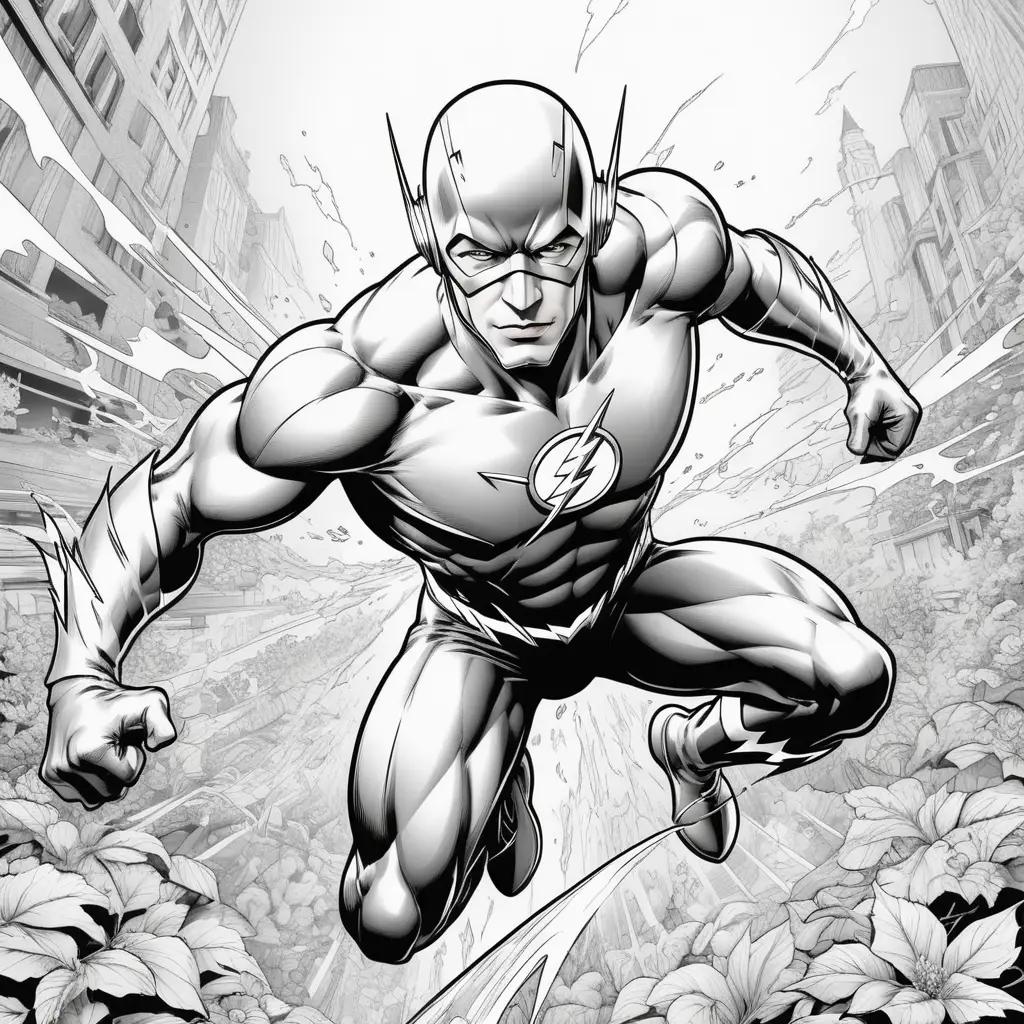 Black and white drawing of The Flash in a city