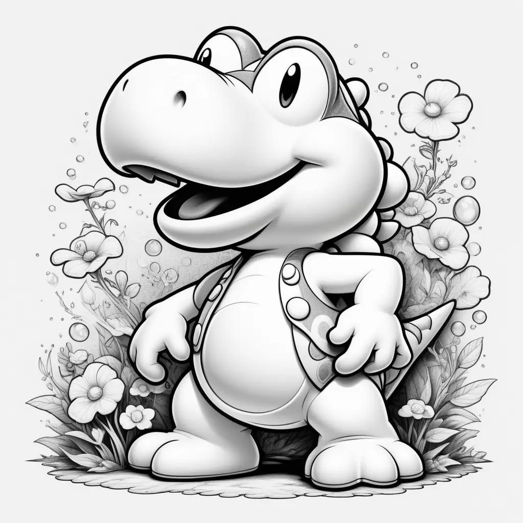 Black and white drawing of Yoshi with flowers and bubbles