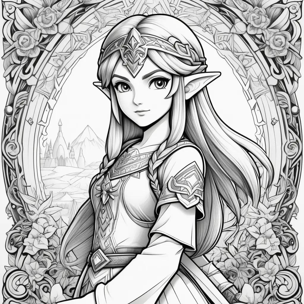 Black and white drawing of Zelda in a fancy outfit