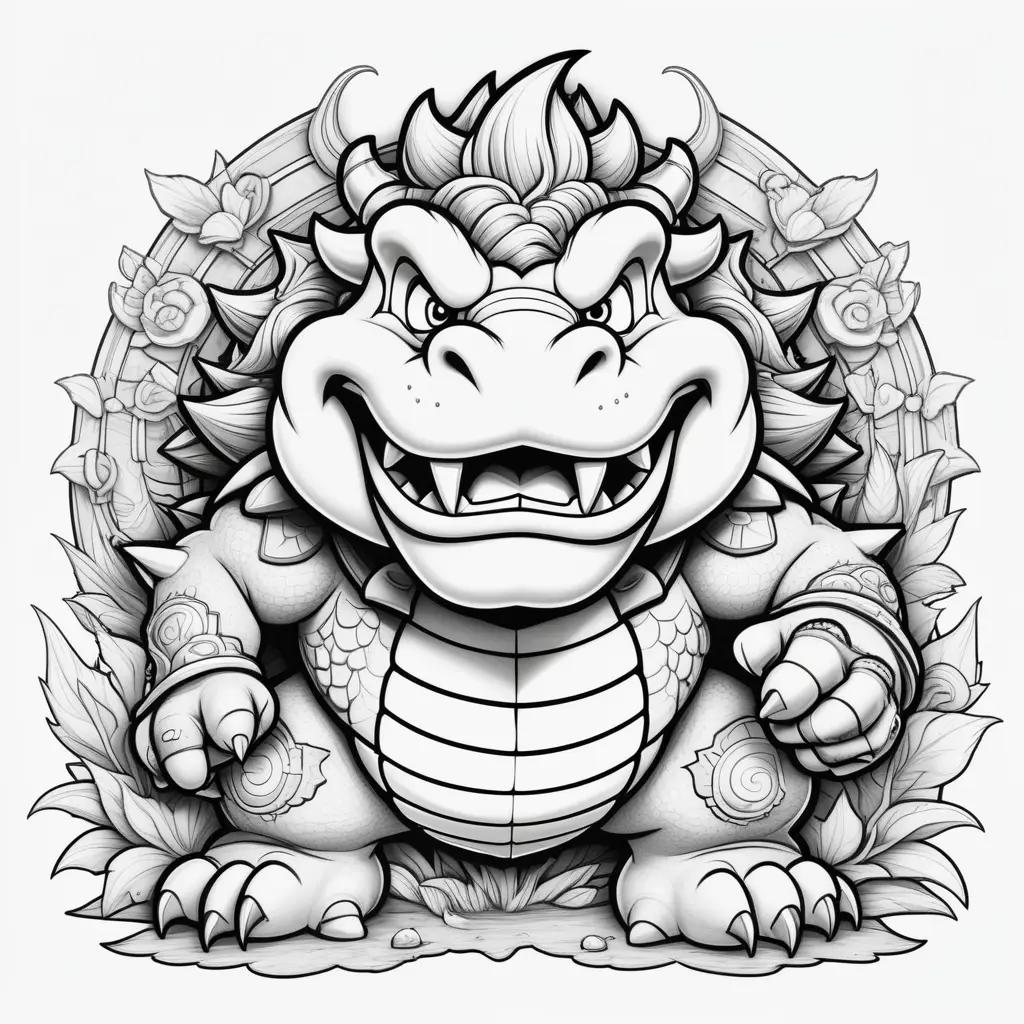 Black and white drawing of a Bowser coloring page