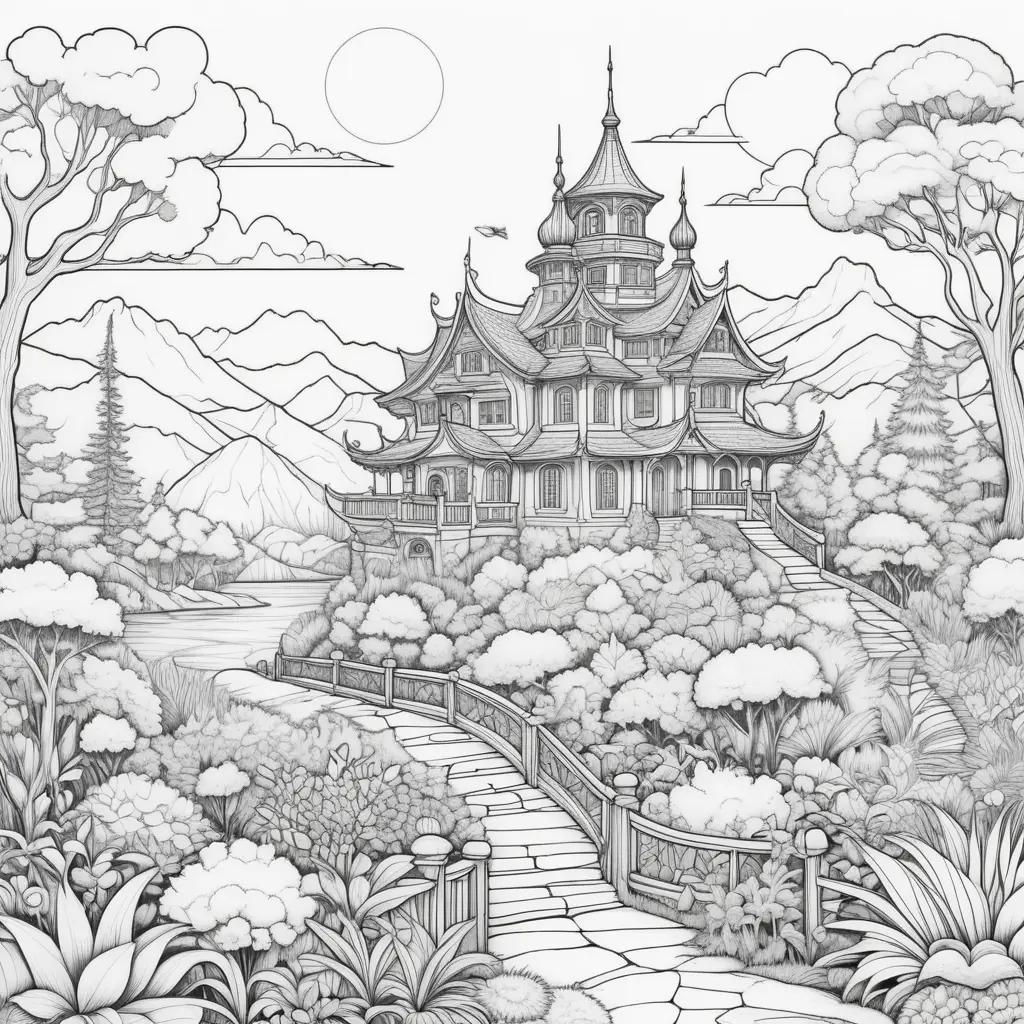 Black and white drawing of a Chinese temple and surrounding landscape