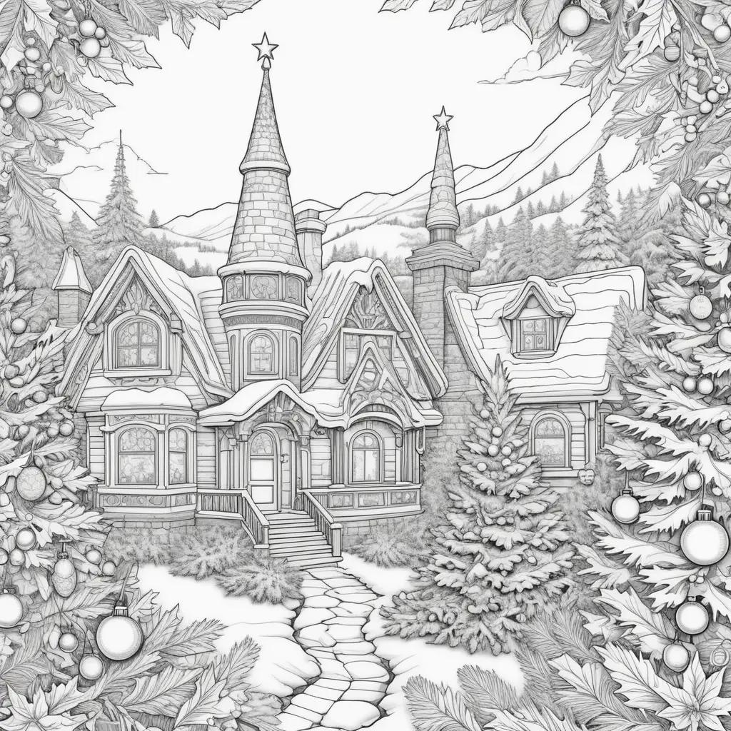 Black and white drawing of a Christmas house with a tree in front