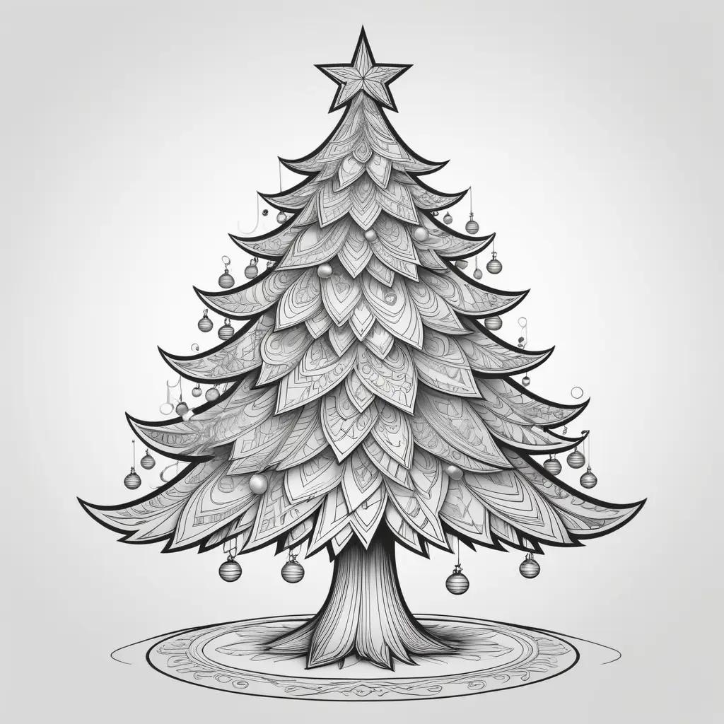 Black and white drawing of a Christmas tree with ornaments