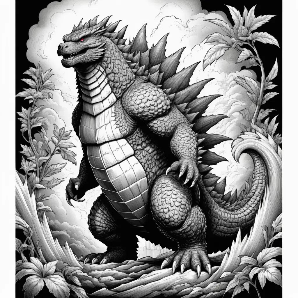 Black and white drawing of a Godzilla color pages