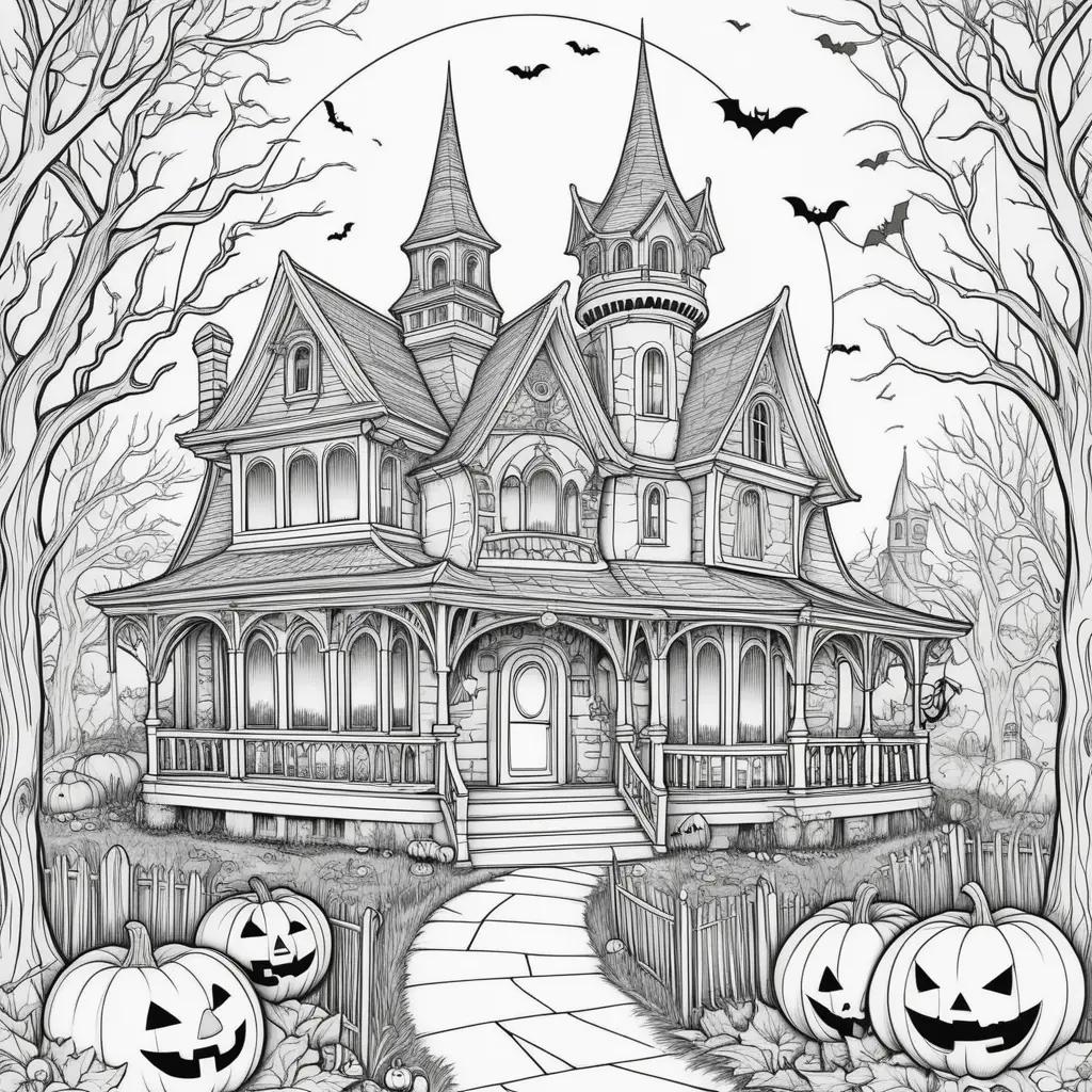 Black and white drawing of a Halloween castle with pumpkins and bats