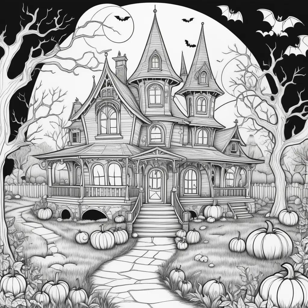 Black and white drawing of a Halloween house and pumpkins