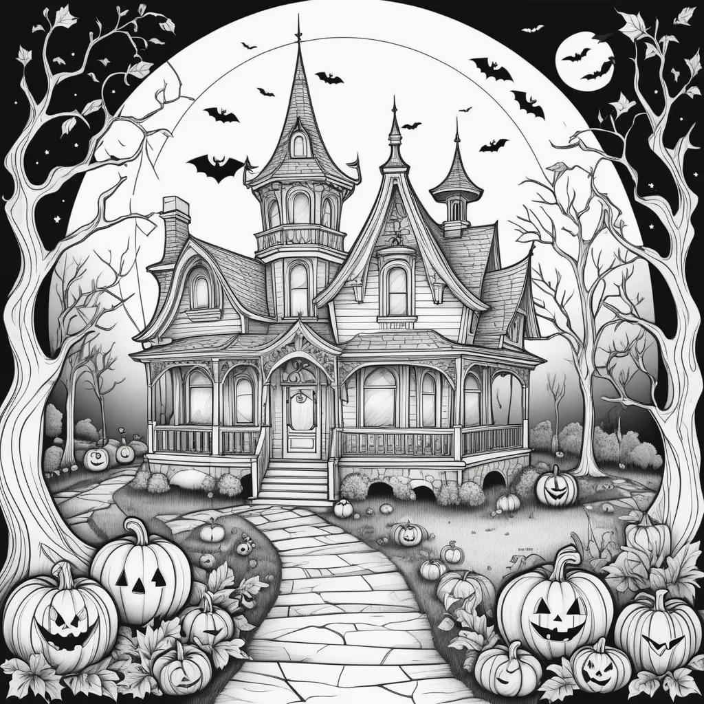 Black and white drawing of a Halloween house and pumpkins