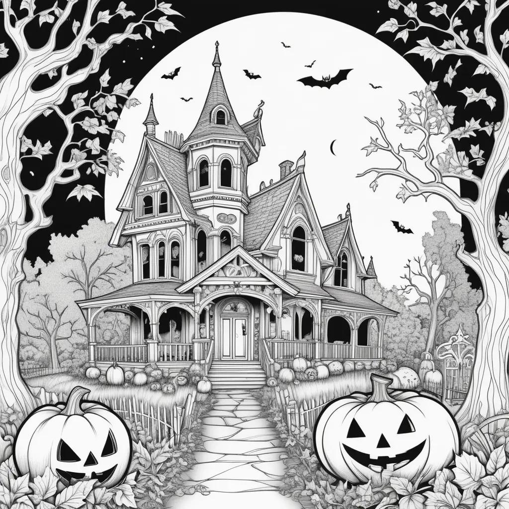 Black and white drawing of a Halloween house with pumpkins