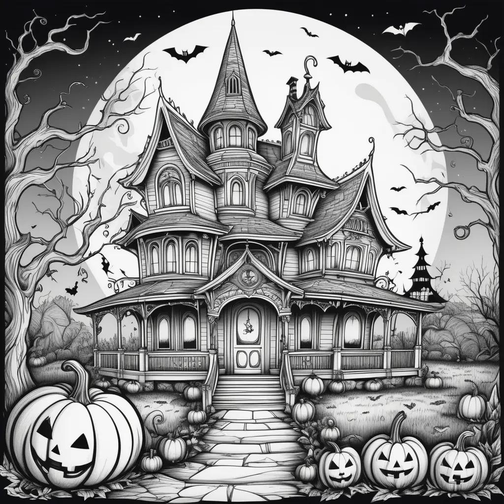 Black and white drawing of a Halloween house with pumpkins