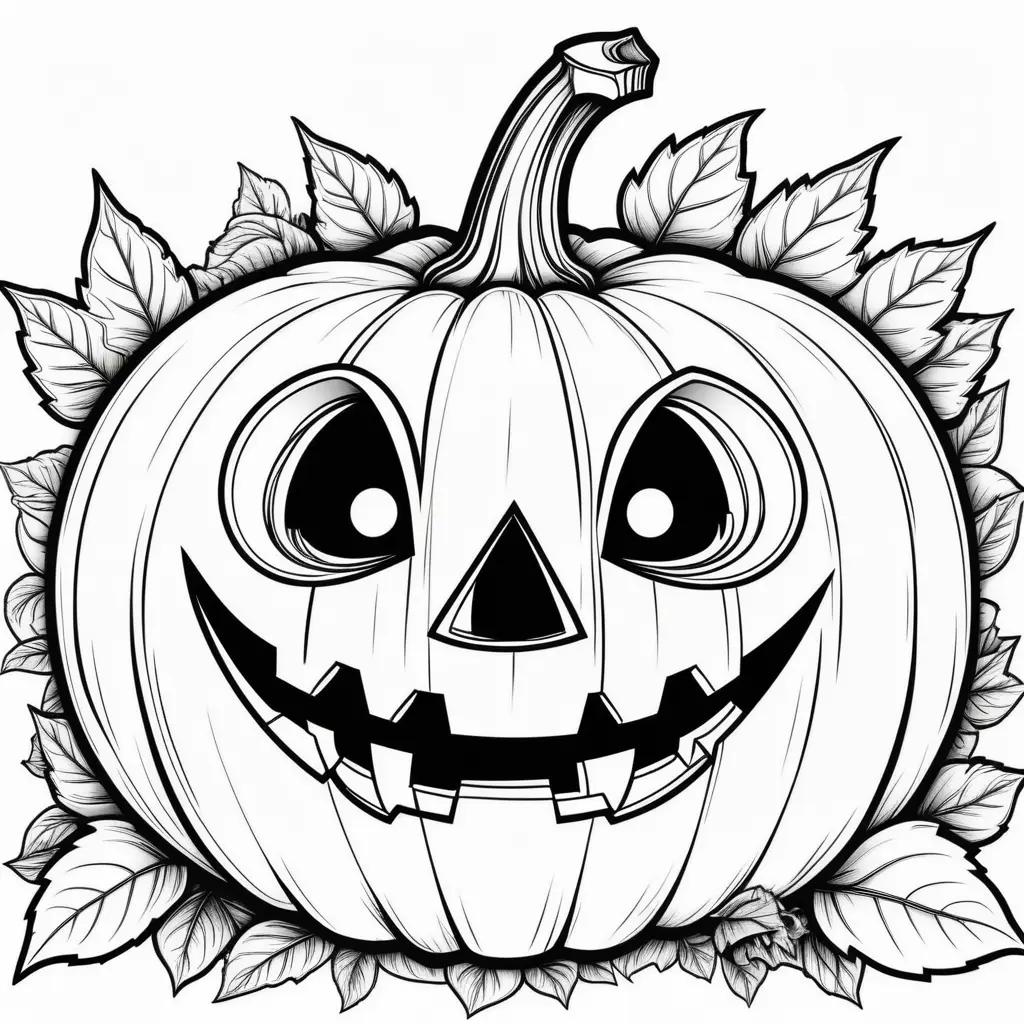 Black and white drawing of a Jack-o-lantern with leaves