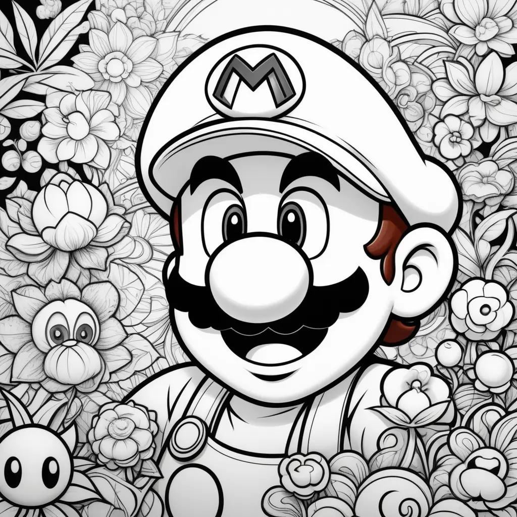 Black and white drawing of a Mario character in a garden