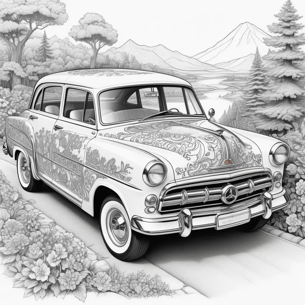 Black and white drawing of a Mercedes car