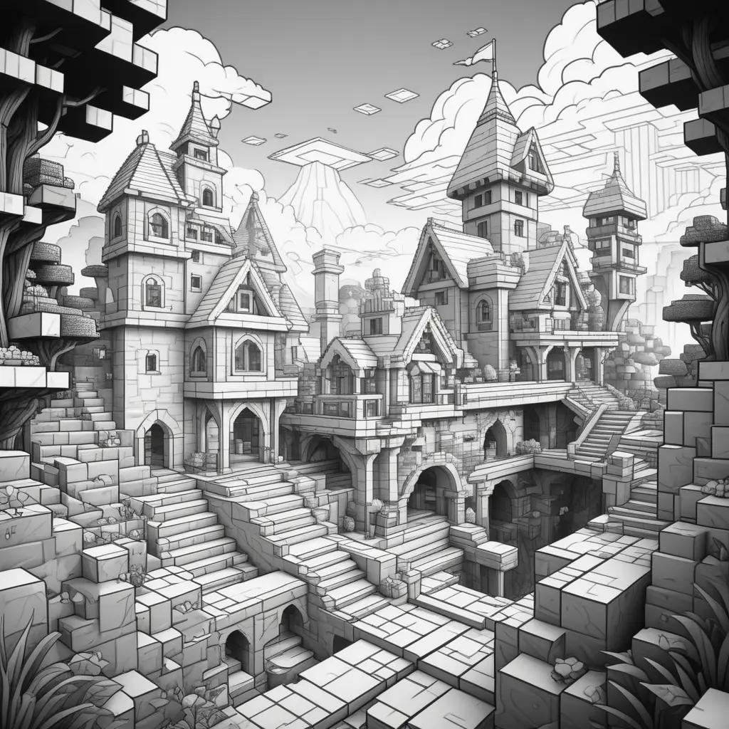 Minecraftの城の白黒の絵
