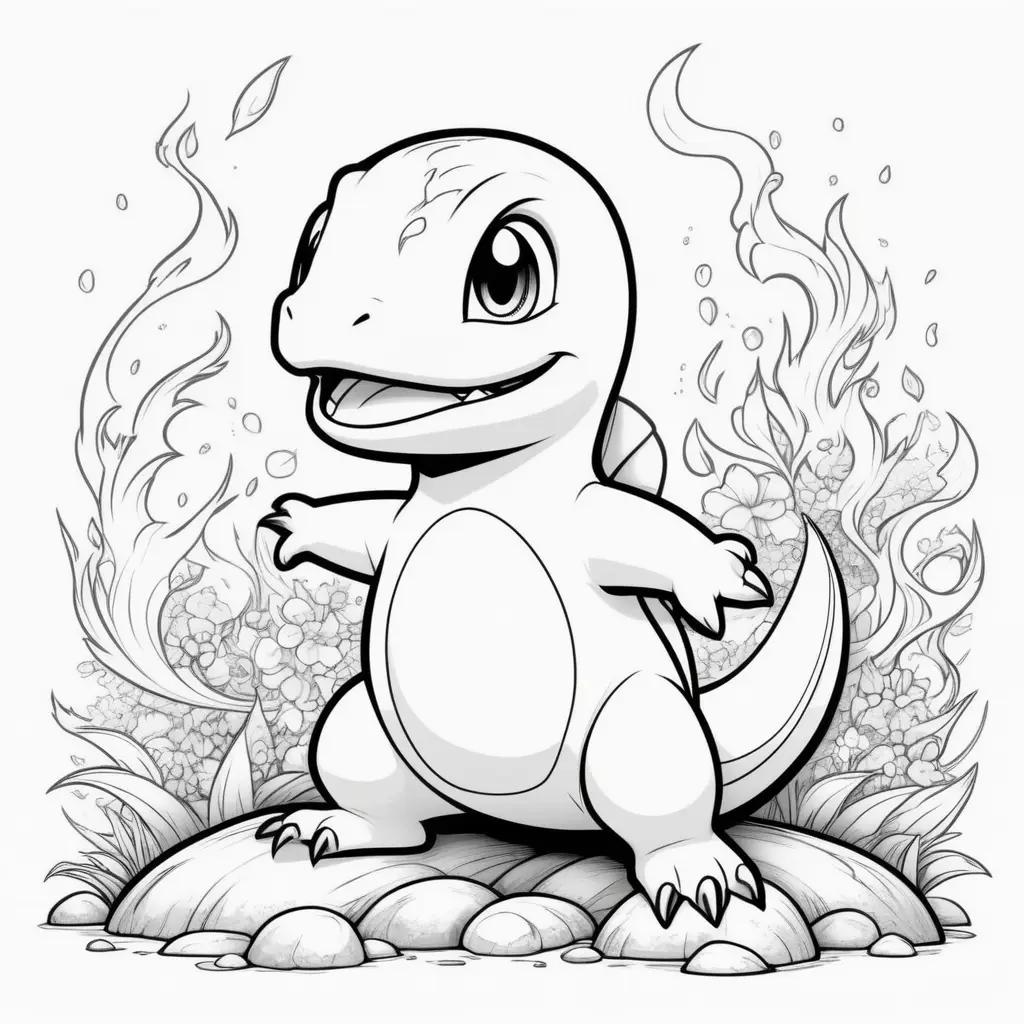 Black and white drawing of a Pokemon Charmander