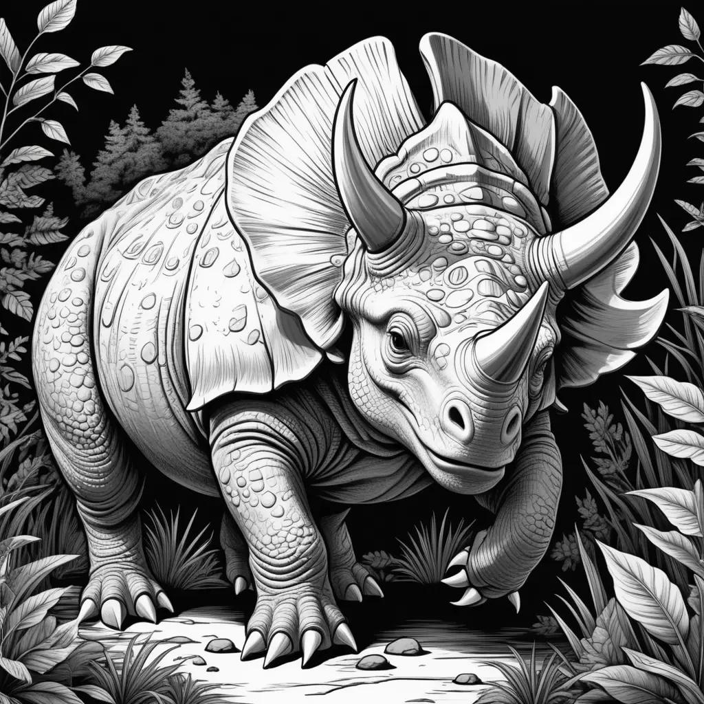 Black and white drawing of a Triceratops in the woods