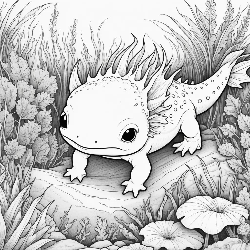 Black and white drawing of a axolotl with lily pads and grass in background