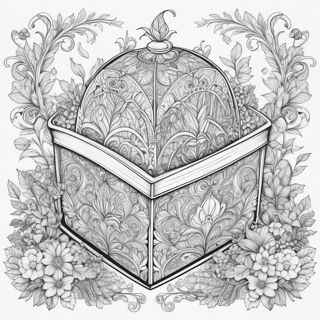 Black and white drawing of a box with floral designs