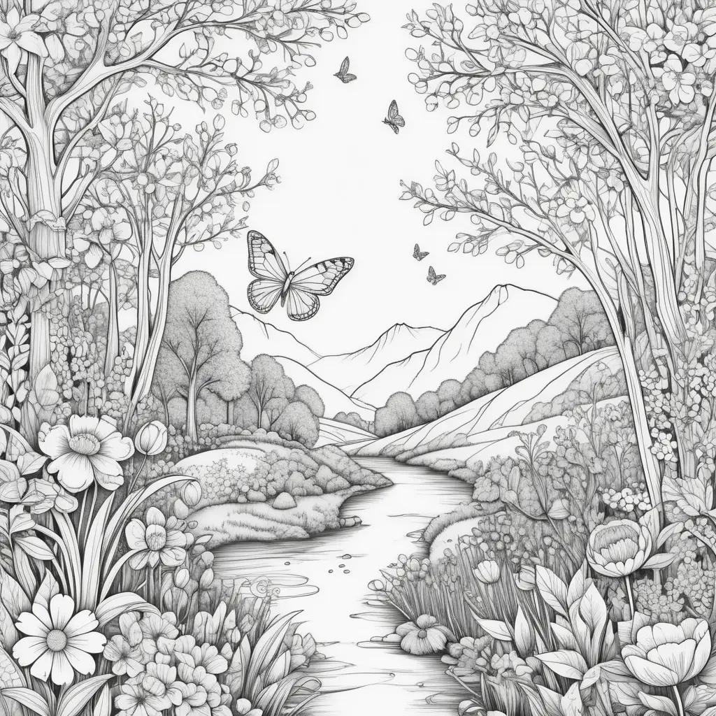 春の風景に浮かぶ蝶と花の白黒画