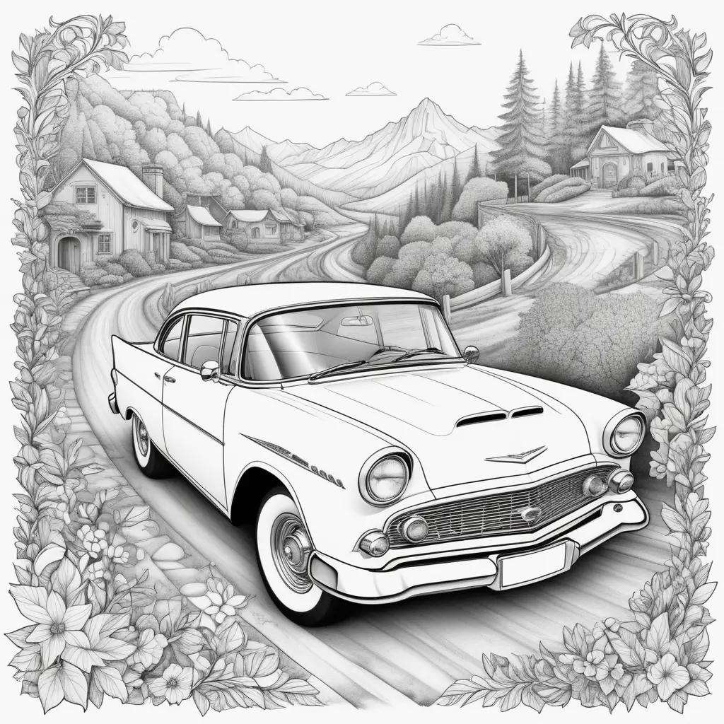 Black and white drawing of a car and houses