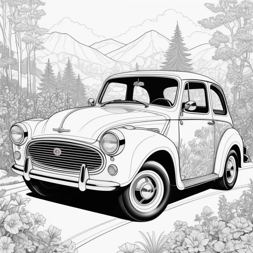 Black and white drawing of a car in the woods