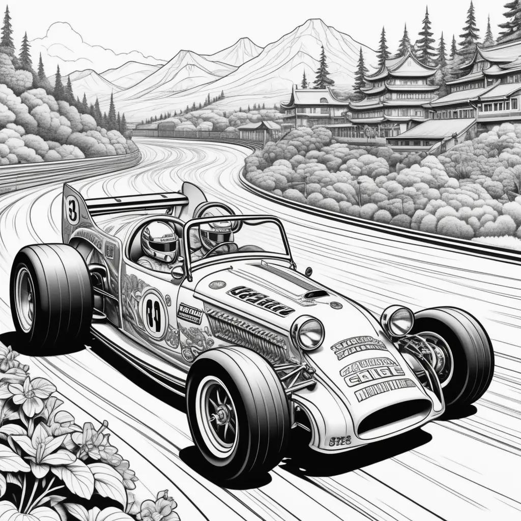 Black and white drawing of a car race on a mountain road