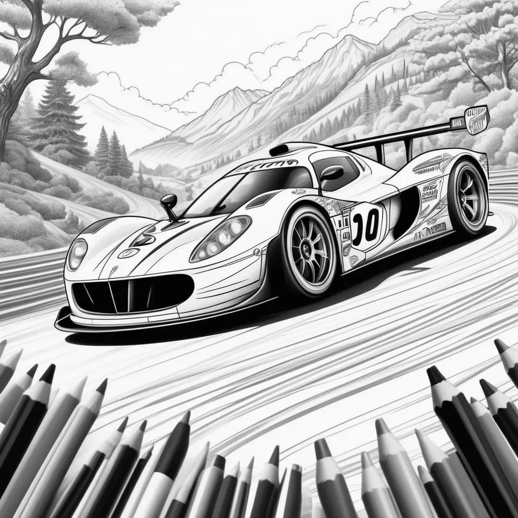 Black and white drawing of a car race with colored pencils