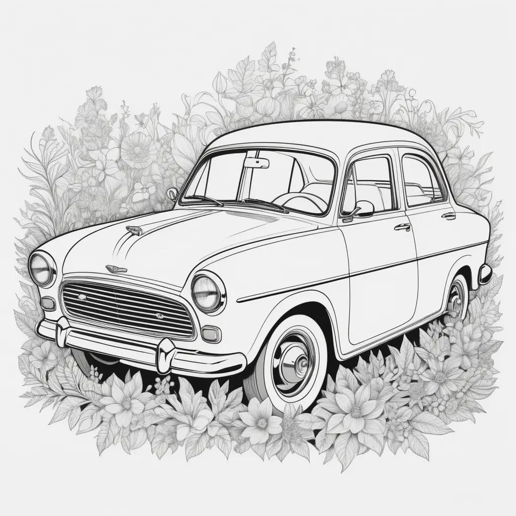 Black and white drawing of a car surrounded by flowers