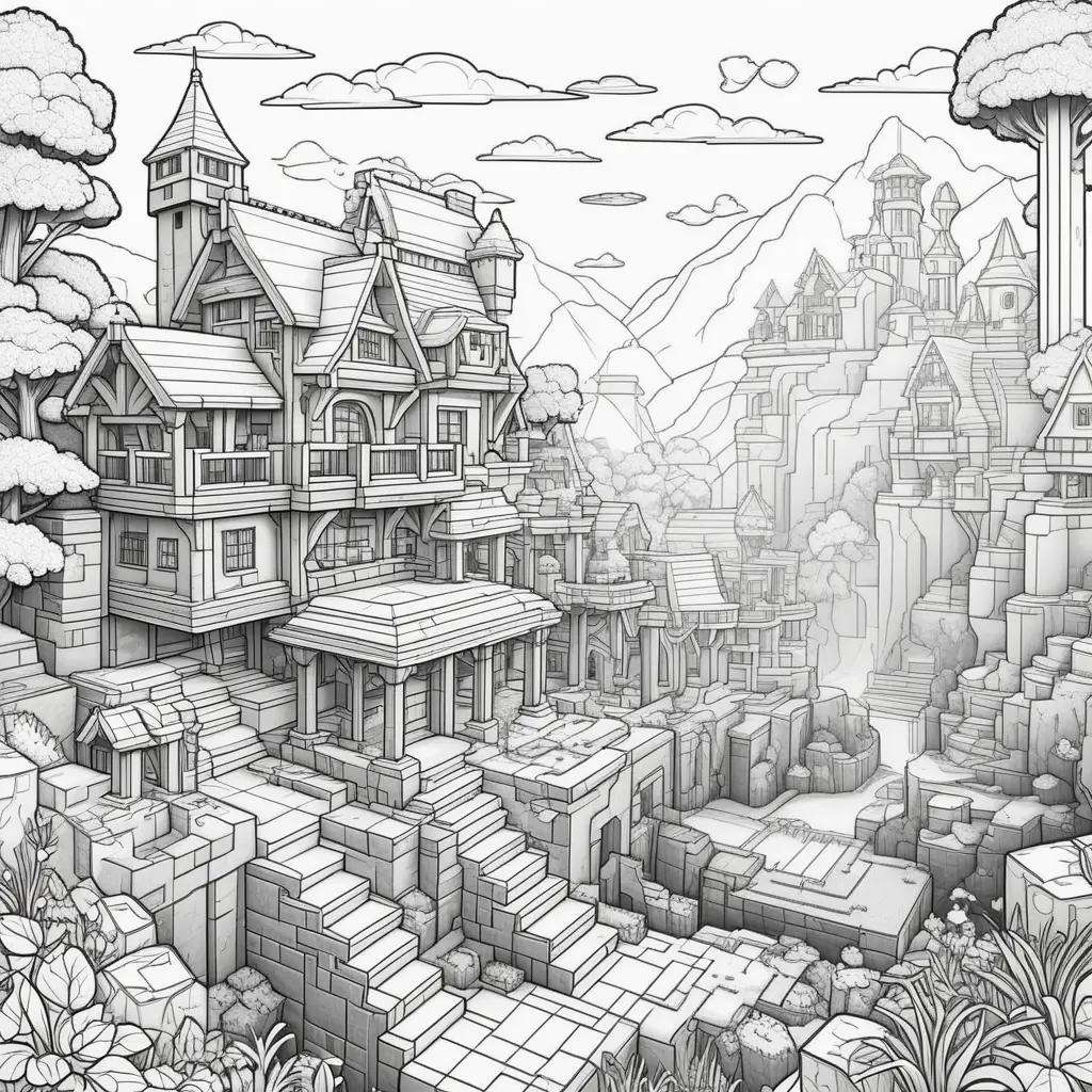 Black and white drawing of a castle and mountain in a minecraft coloring pages