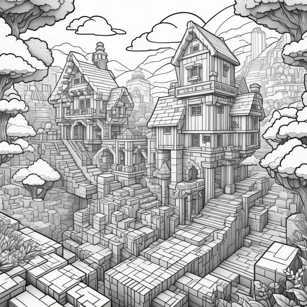 Minecraftのぬりえでの城と木の白黒の絵