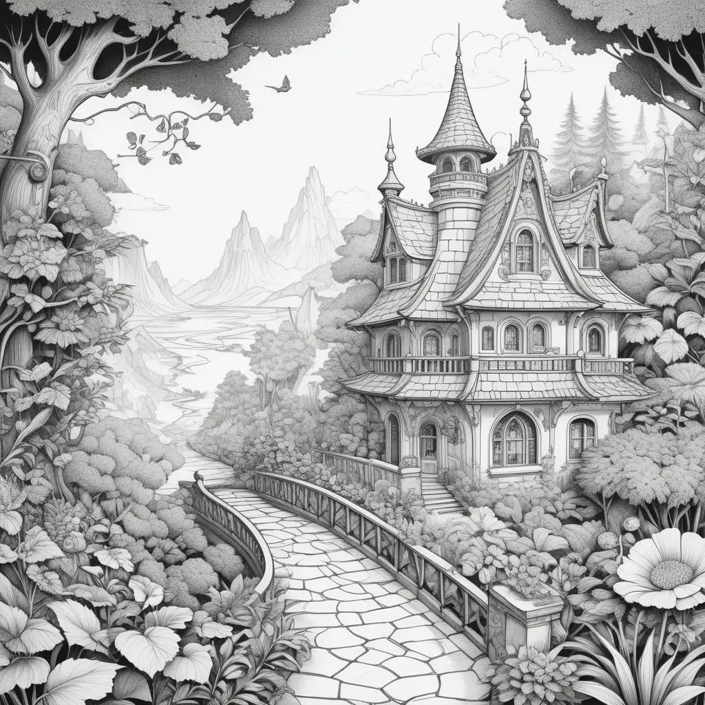 Black and white drawing of a castle with shadow color page