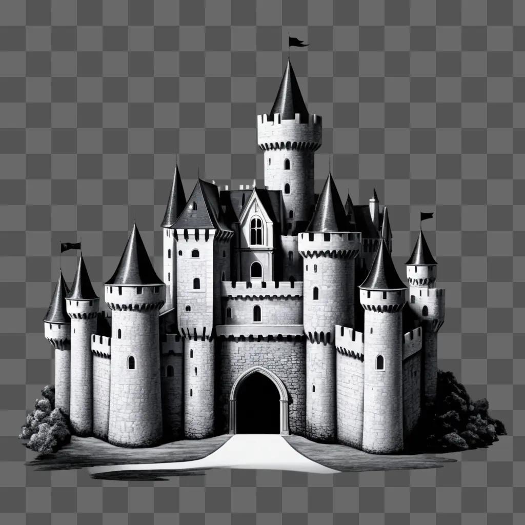 Black and white drawing of a castle with simple lines and shapes