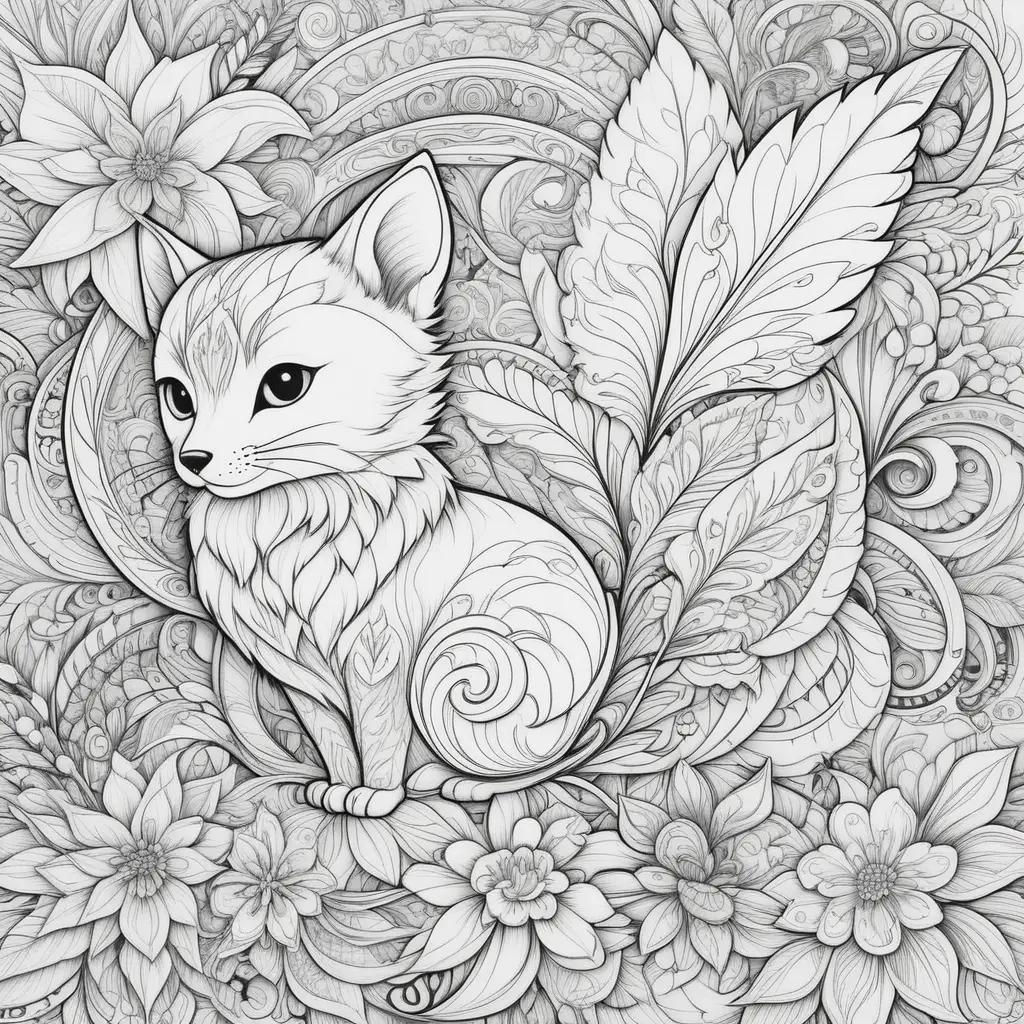 Black and white drawing of a cat on a flower background