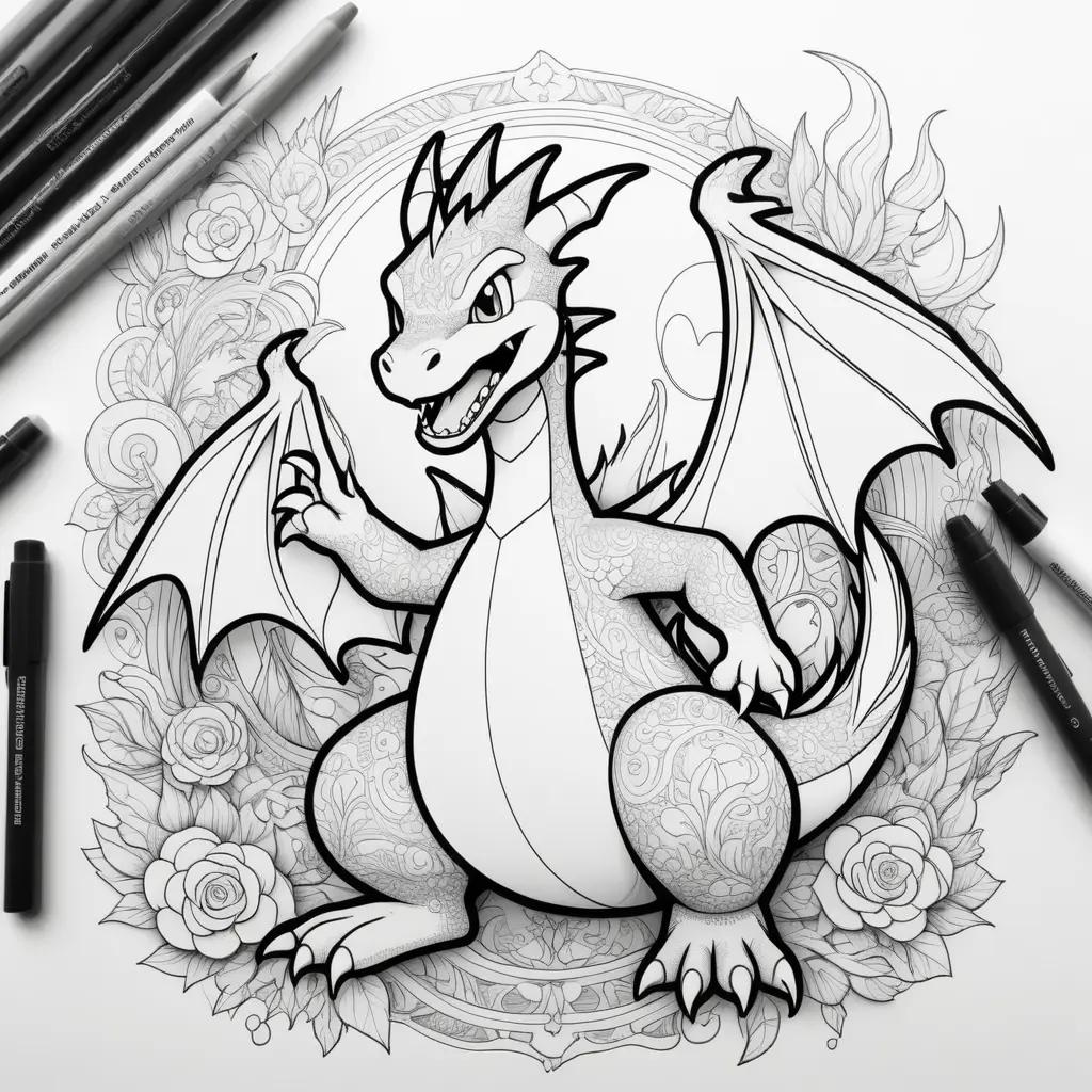 Black and white drawing of a charizard on a page with pens