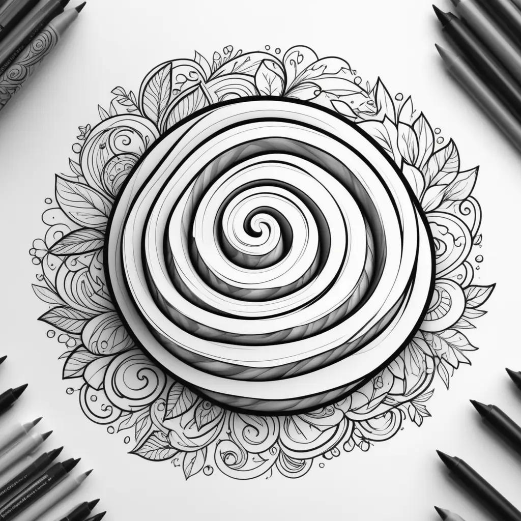 花のデザインにシナモンロールの白黒の絵