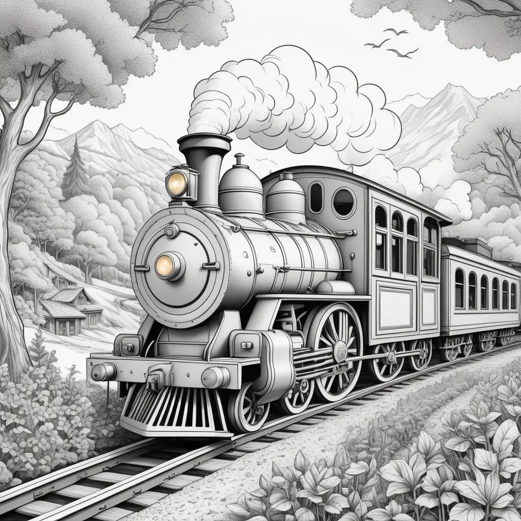 Black and white drawing of a color page train