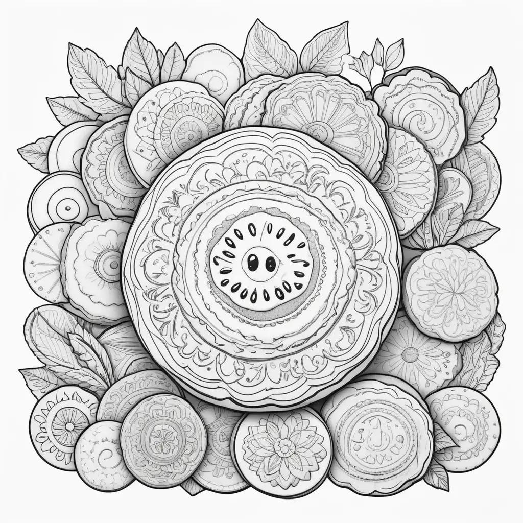 Black and white drawing of a cookie surrounded by leaves