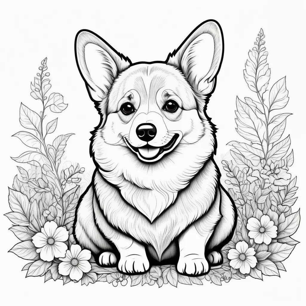 Black and white drawing of a corgi dog in a garden