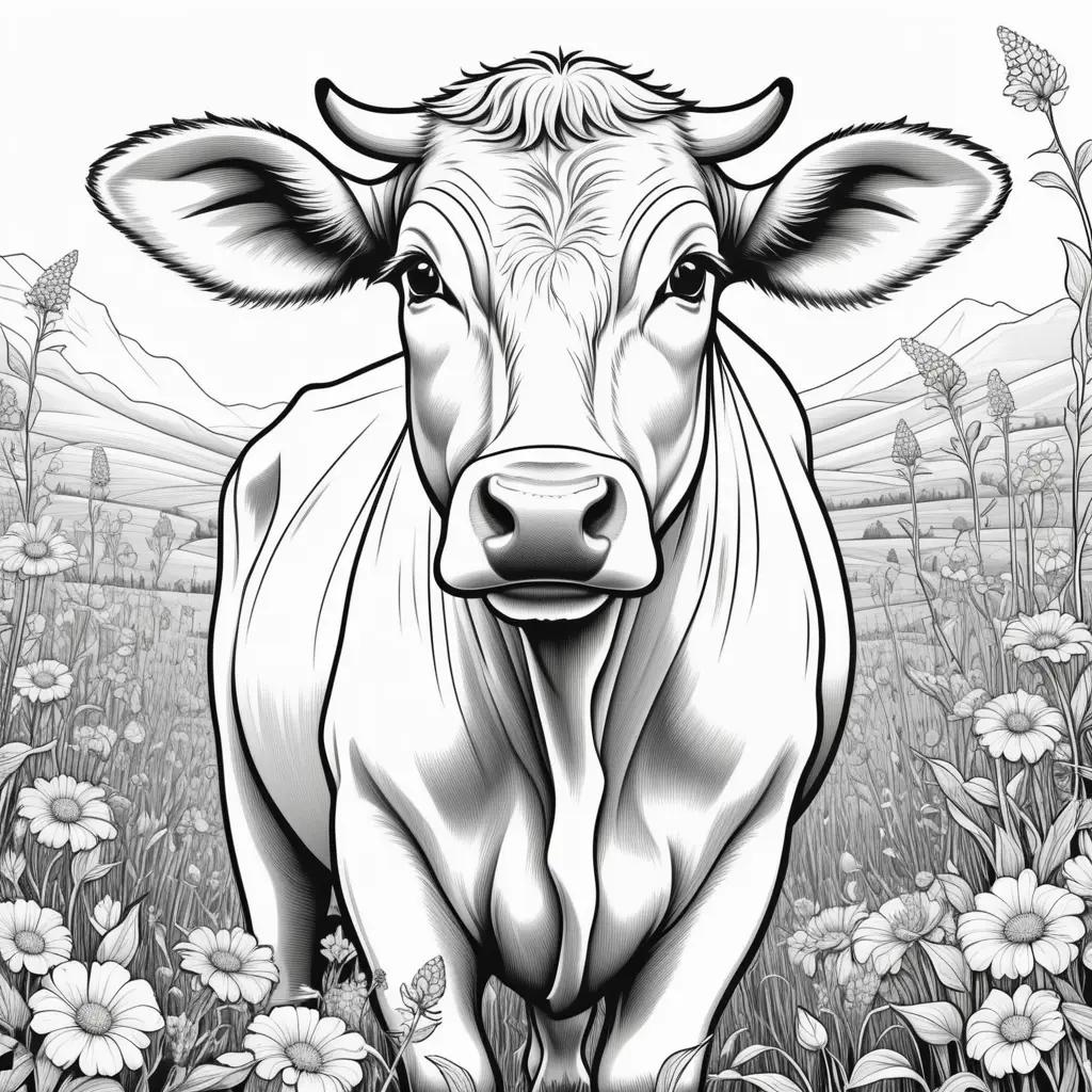 Black and white drawing of a cow in a field