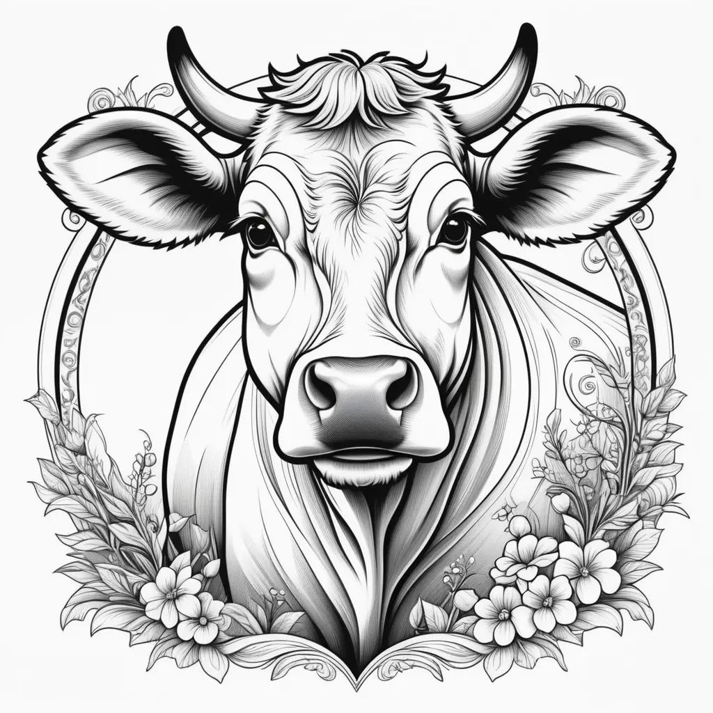 Black and white drawing of a cow with a flower design