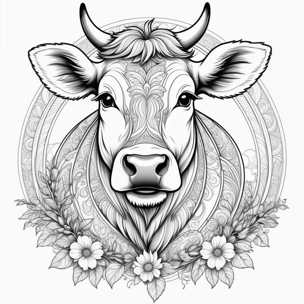 Black and white drawing of a cow with flowers and leaves